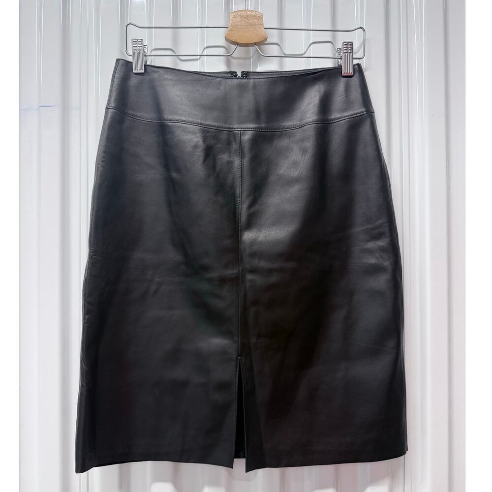 vintage CLASSIQUES ENTIER black 100% leather slit moto straight pencil skirt